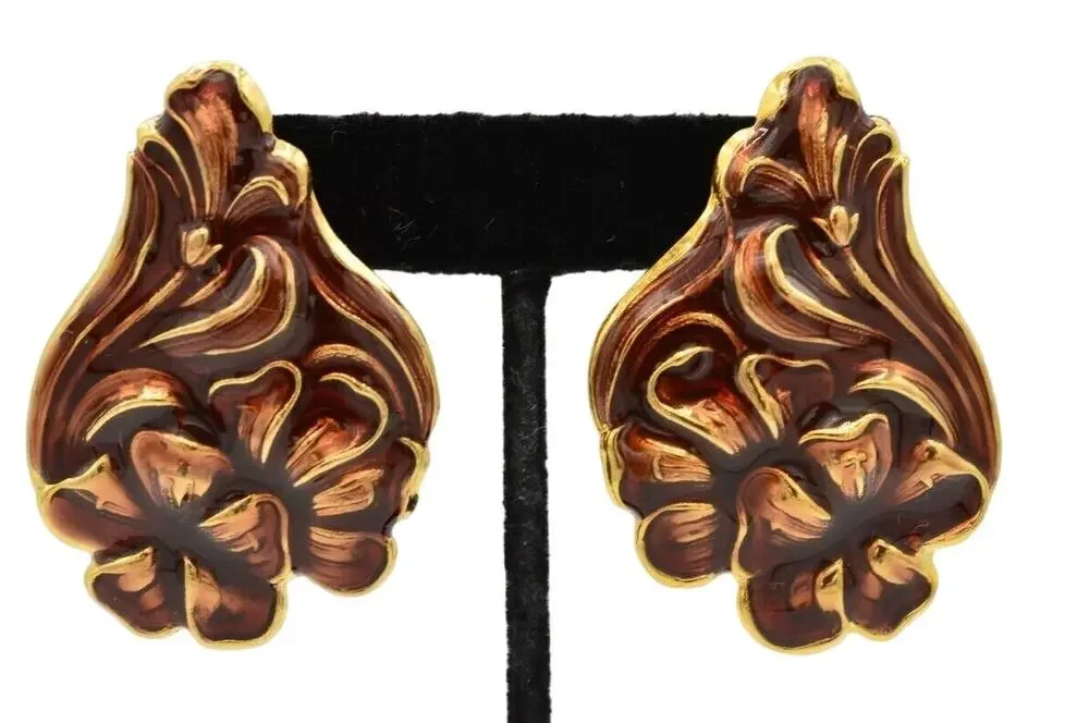 Vintage Statement Floral Abstract Enamel Earrings Brown Gold Chunky NOS 80s 9L